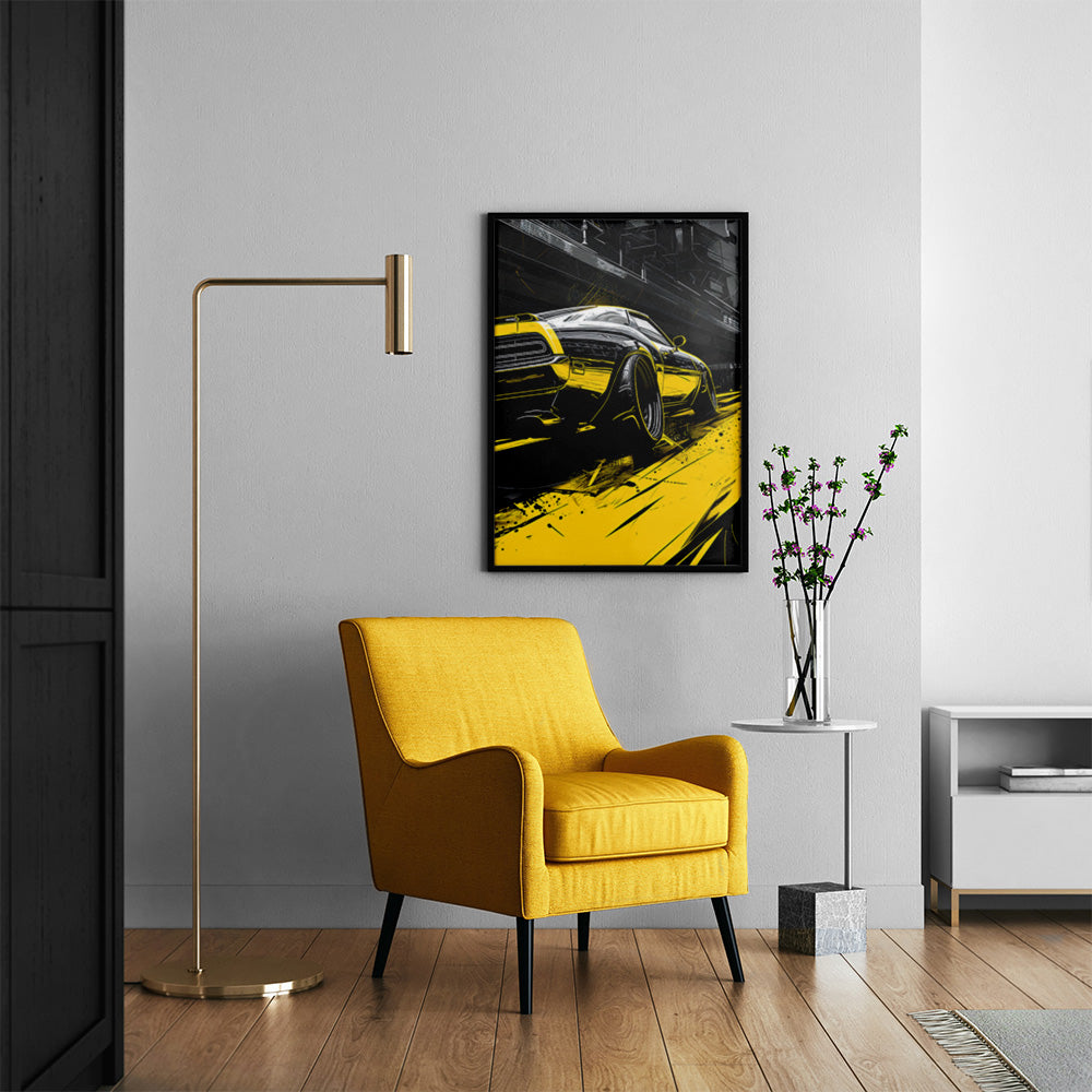 Neon Yellow Car Racing Poster