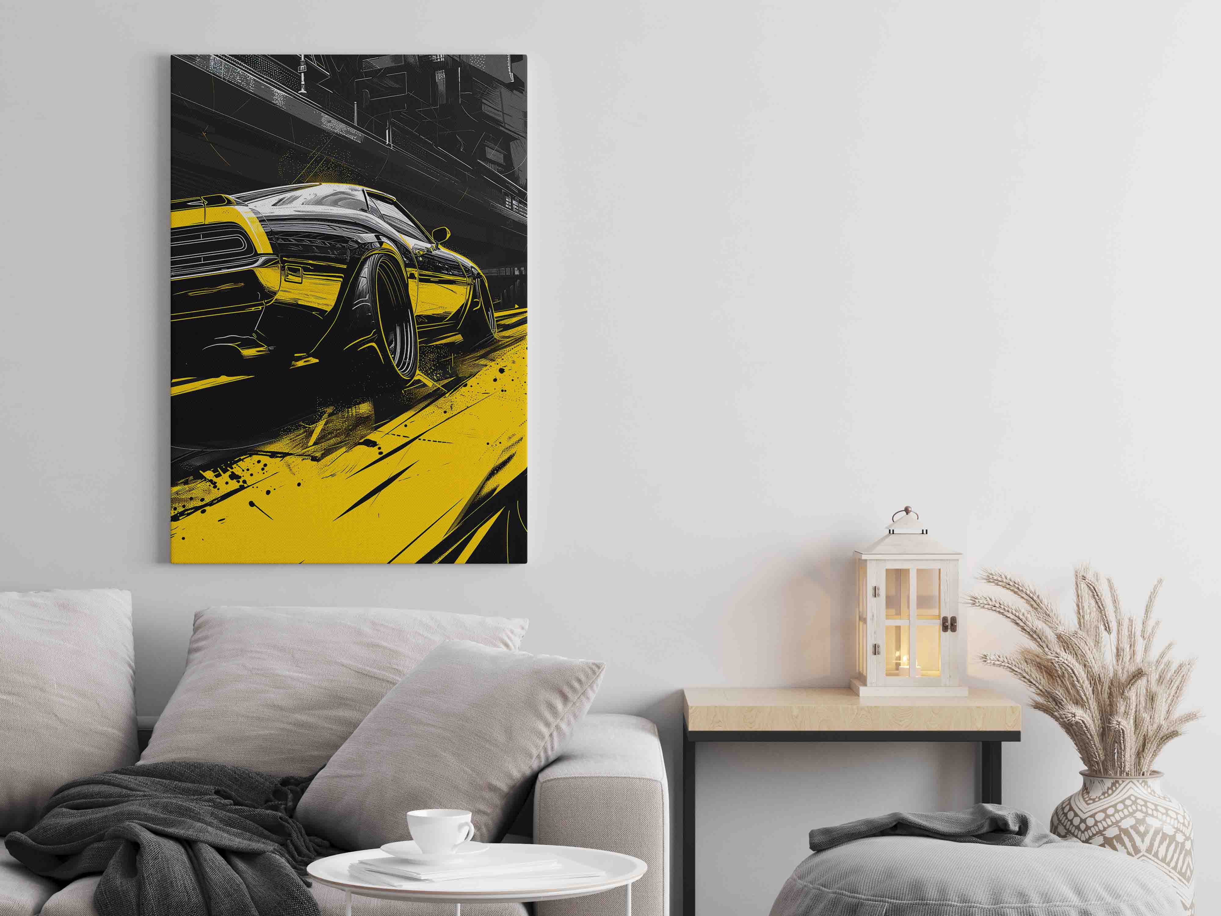 Neon Yellow Car Racing Canvas