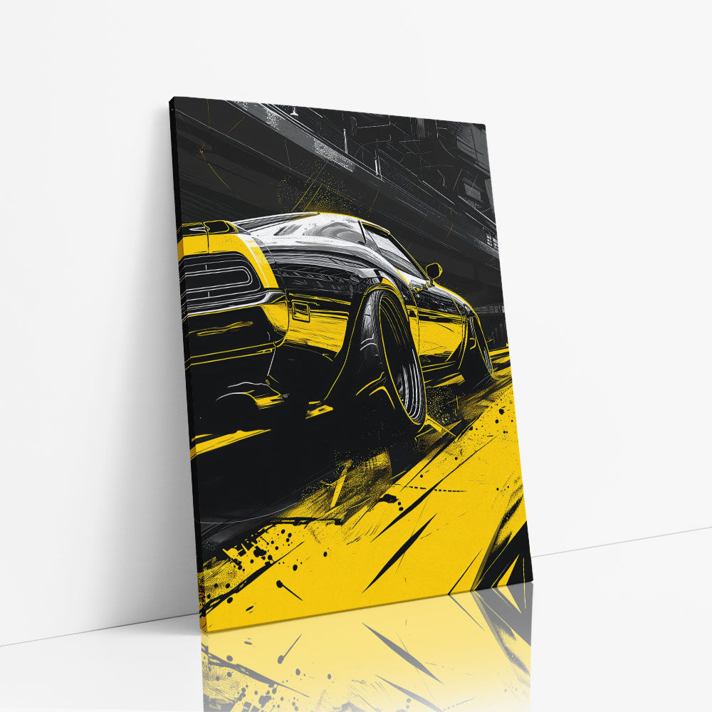 Neon Yellow Car Racing Canvas