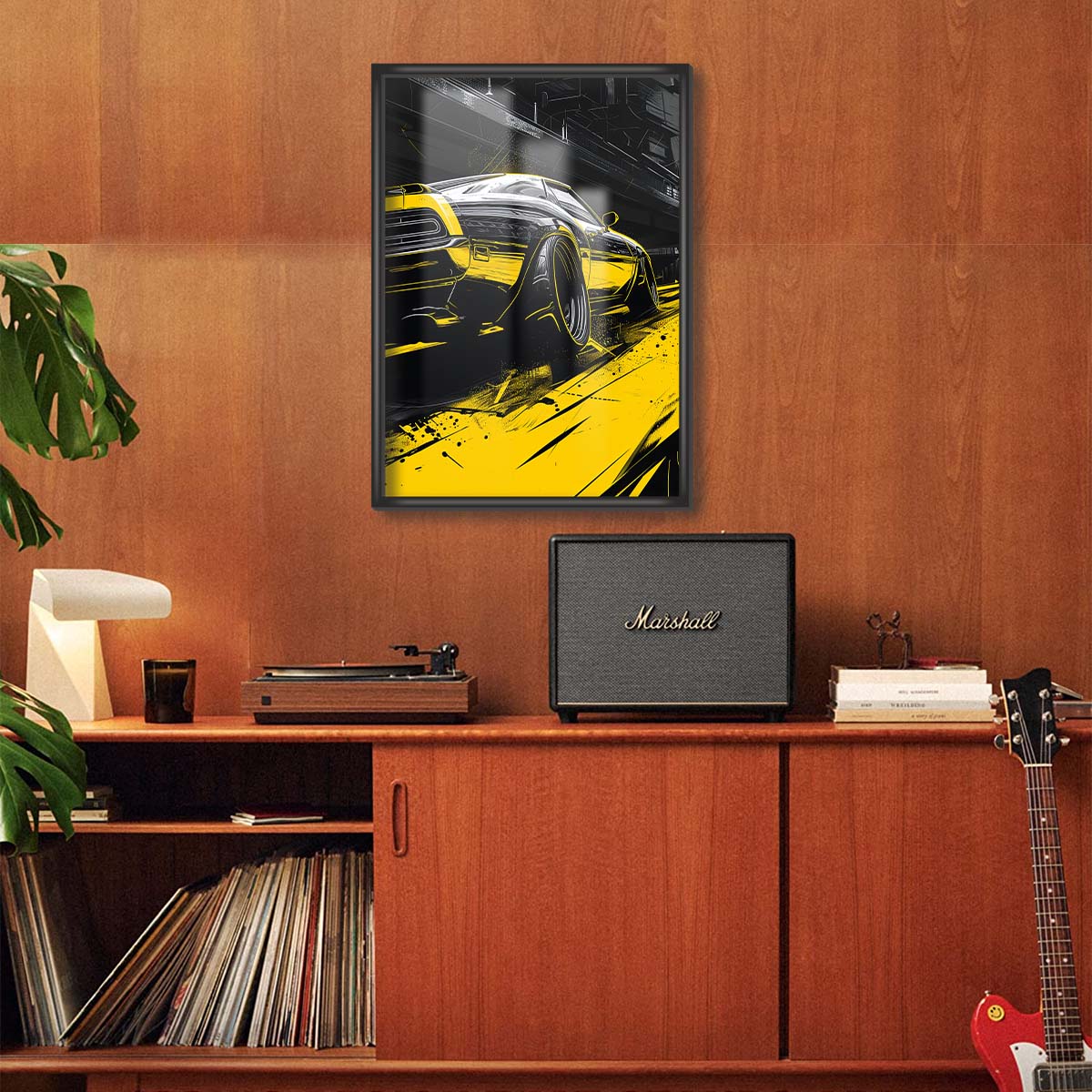 Neon Yellow Car Racing Poster