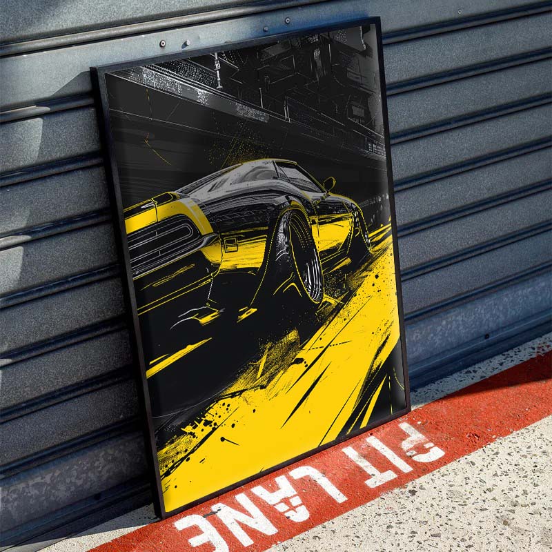 Neon Yellow Car Racing Poster